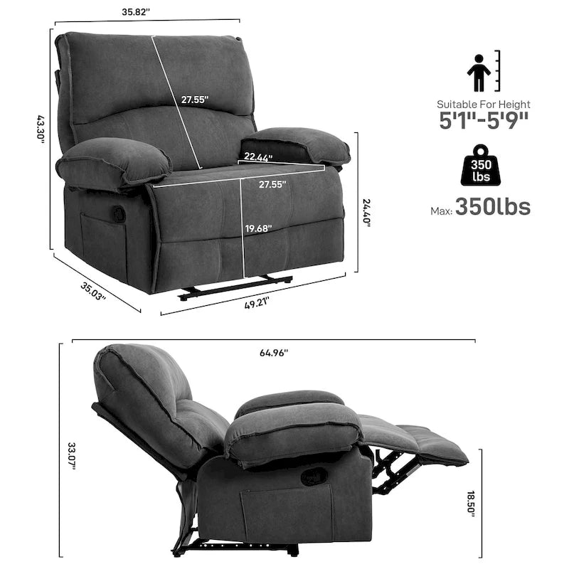 Fauteuil inclinable en velours surdimensionné avec massage, chauffage, oreiller lombaire