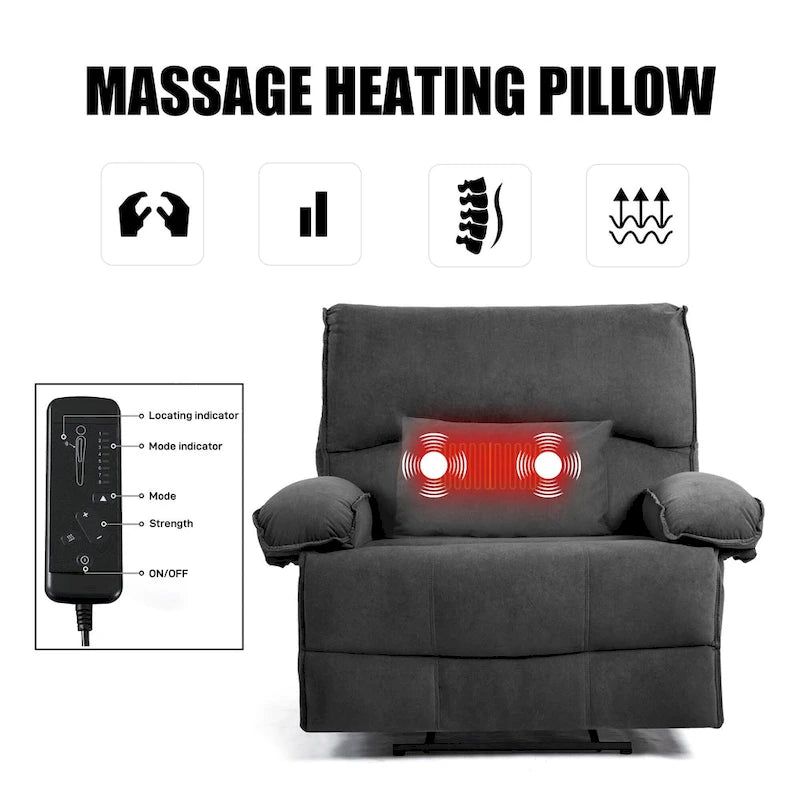 Fauteuil inclinable en velours surdimensionné avec massage, chauffage, oreiller lombaire