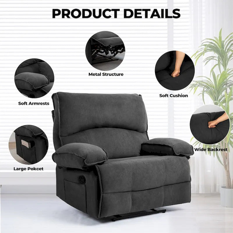Fauteuil inclinable en velours surdimensionné avec massage, chauffage, oreiller lombaire