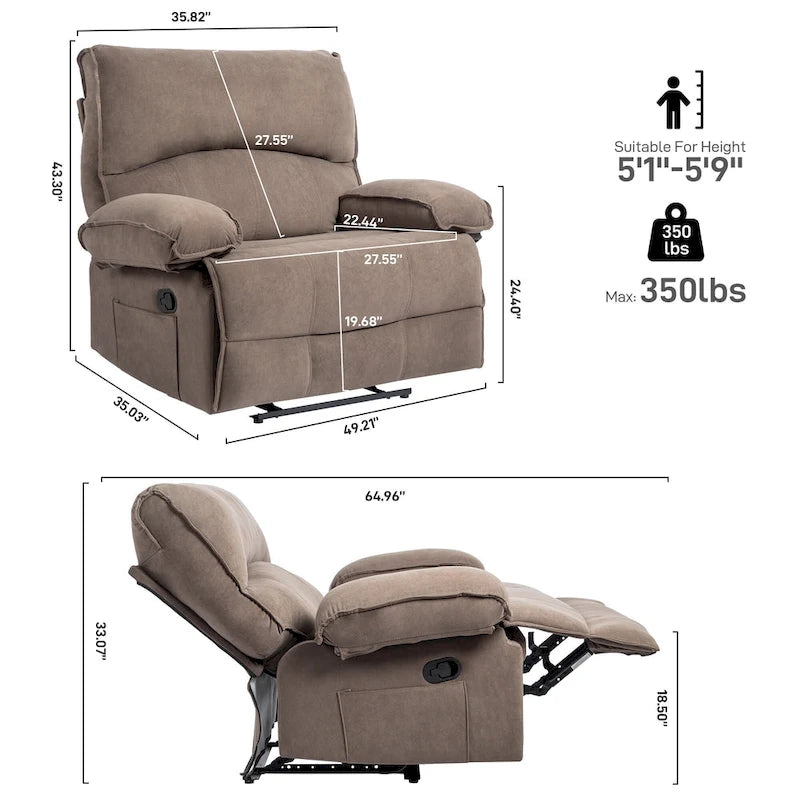 Fauteuil inclinable en velours surdimensionné avec massage, chauffage, oreiller lombaire