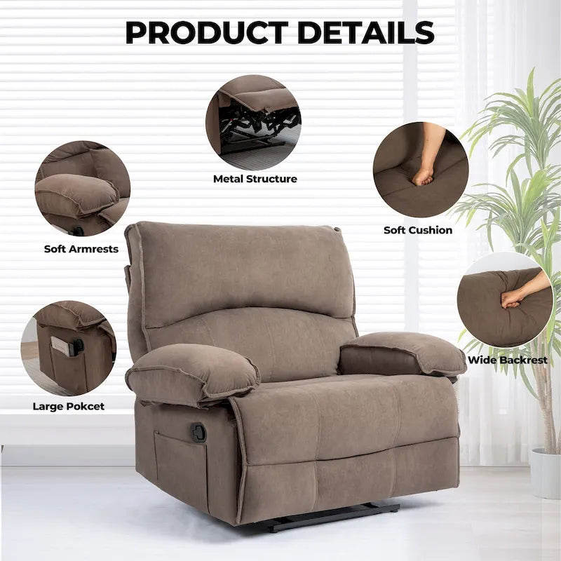 Fauteuil inclinable en velours surdimensionné avec massage, chauffage, oreiller lombaire