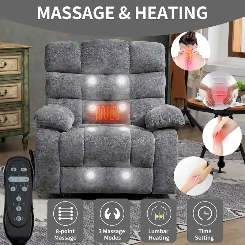 Fauteuil inclinable électrique surdimensionné en chenille avec massage et chauffage lombaire, port de charge, position allongée à 180°