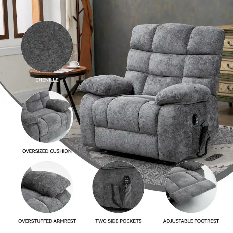 Fauteuil inclinable électrique surdimensionné en chenille avec massage et chauffage lombaire, port de charge, position allongée à 180°