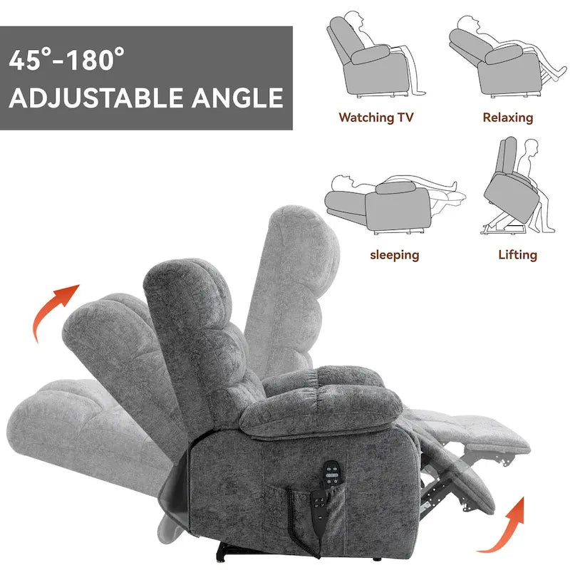 Fauteuil inclinable électrique surdimensionné en chenille avec massage et chauffage lombaire, port de charge, position allongée à 180°