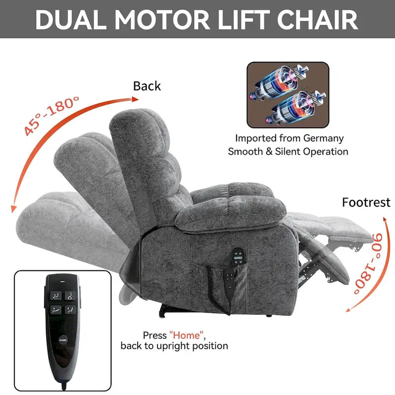 Fauteuil inclinable électrique surdimensionné en chenille avec massage et chauffage lombaire, port de charge, position allongée à 180°