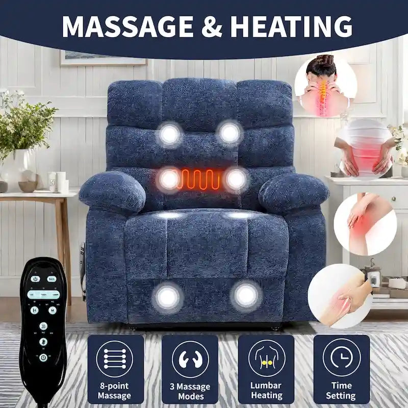 Fauteuil inclinable électrique surdimensionné en chenille avec massage et chauffage lombaire, port de charge, position allongée à 180°