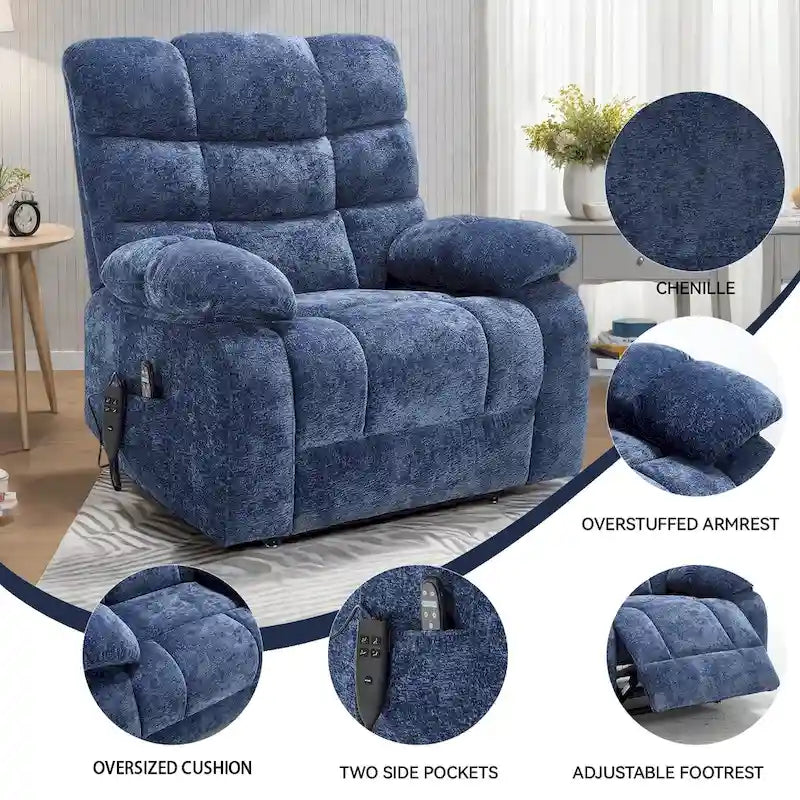 Fauteuil inclinable électrique surdimensionné en chenille avec massage et chauffage lombaire, port de charge, position allongée à 180°