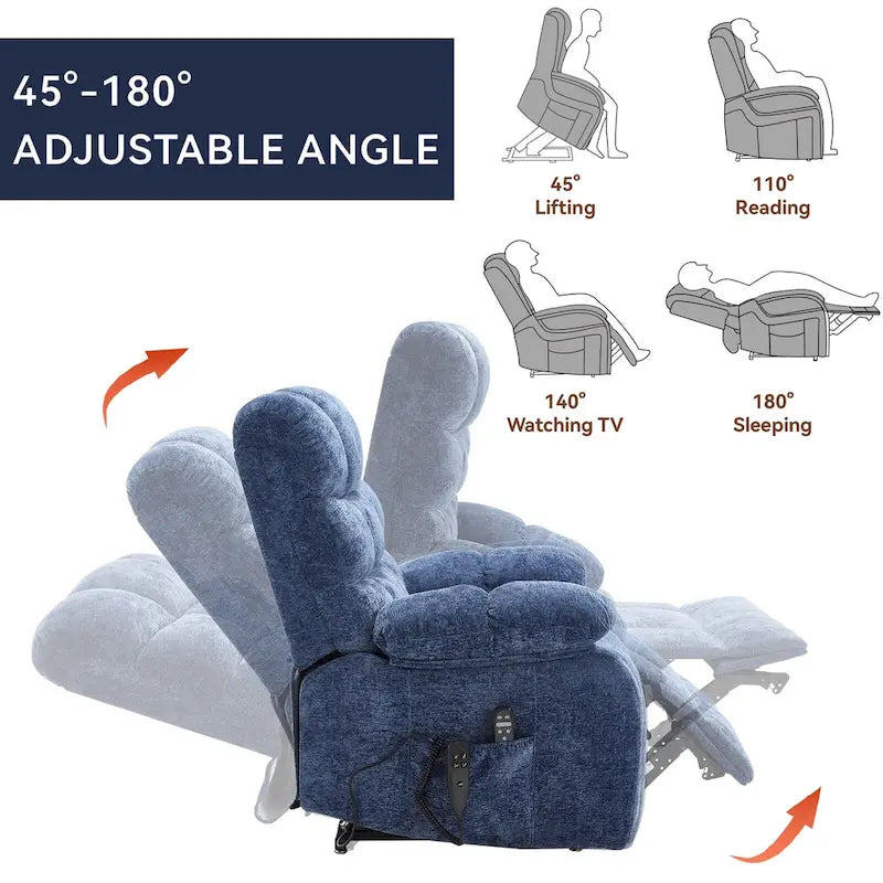 Fauteuil inclinable électrique surdimensionné en chenille avec massage et chauffage lombaire, port de charge, position allongée à 180°