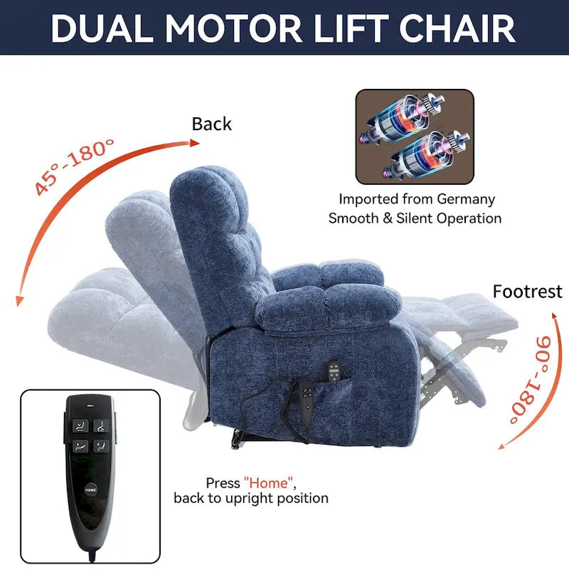 Fauteuil inclinable électrique surdimensionné en chenille avec massage et chauffage lombaire, port de charge, position allongée à 180°