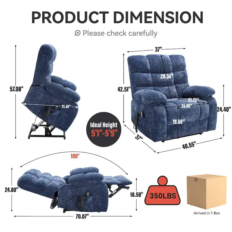 Fauteuil inclinable électrique surdimensionné en chenille avec massage et chauffage lombaire, port de charge, position allongée à 180°