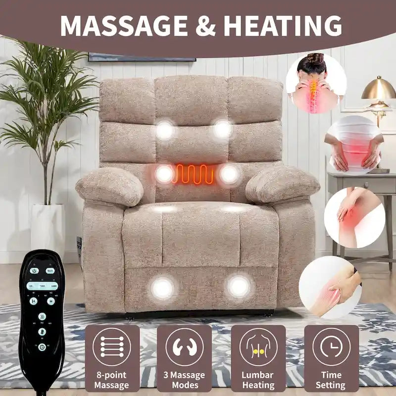 Fauteuil inclinable électrique surdimensionné en chenille avec massage et chauffage lombaire, port de charge, position allongée à 180°