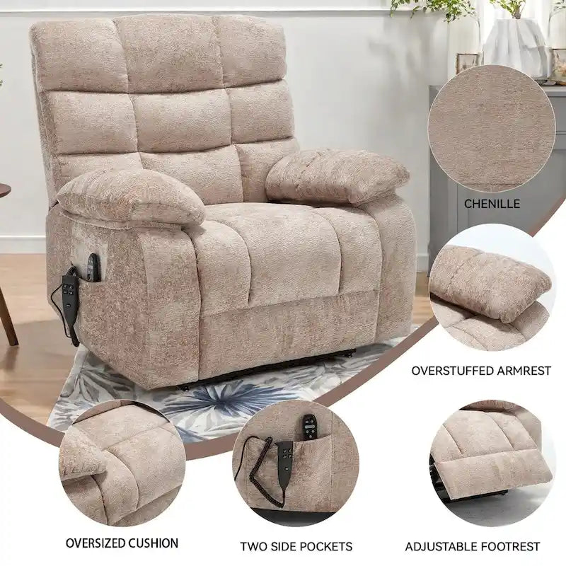 Fauteuil inclinable électrique surdimensionné en chenille avec massage et chauffage lombaire, port de charge, position allongée à 180°