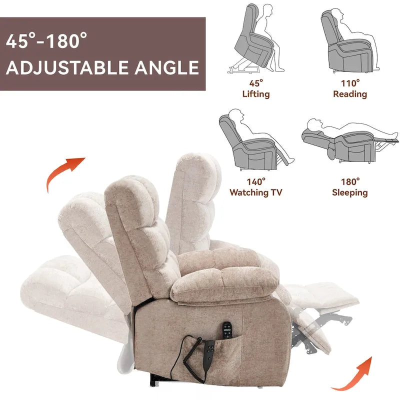 Fauteuil inclinable électrique surdimensionné en chenille avec massage et chauffage lombaire, port de charge, position allongée à 180°