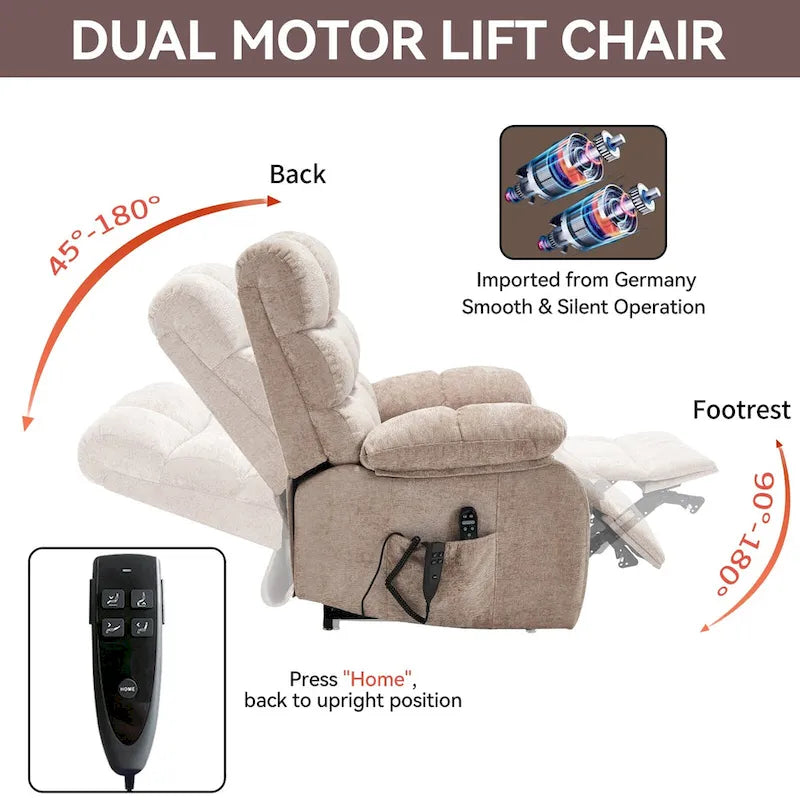 Fauteuil inclinable électrique surdimensionné en chenille avec massage et chauffage lombaire, port de charge, position allongée à 180°