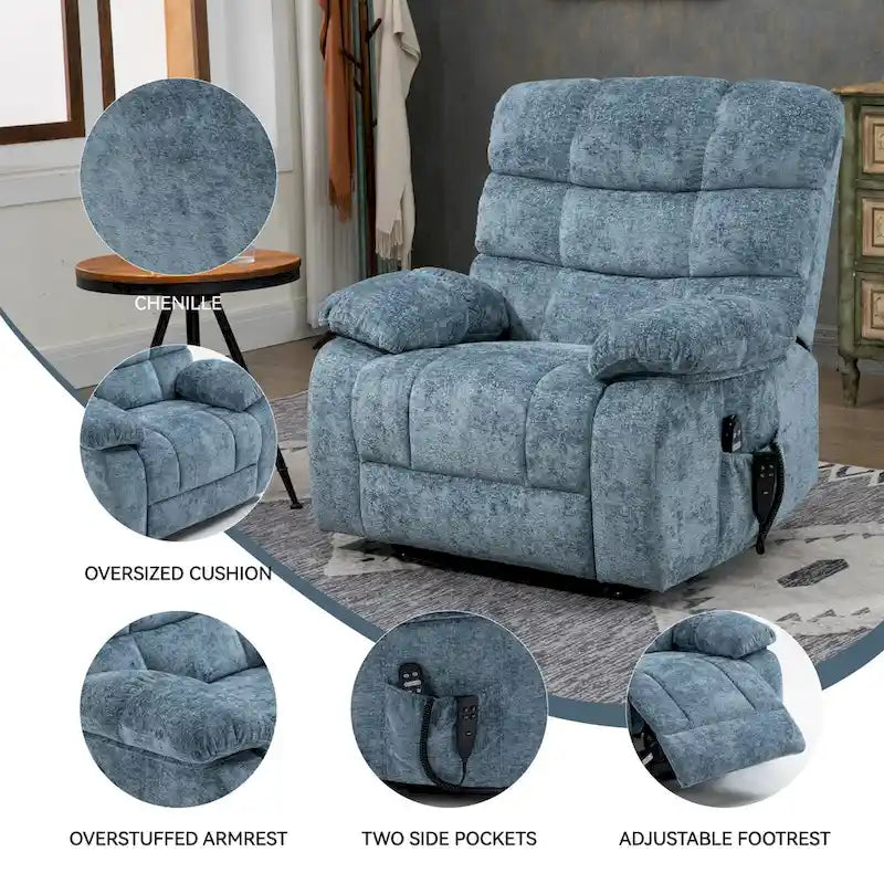 Fauteuil inclinable électrique surdimensionné en chenille avec massage et chauffage lombaire, port de charge, position allongée à 180°