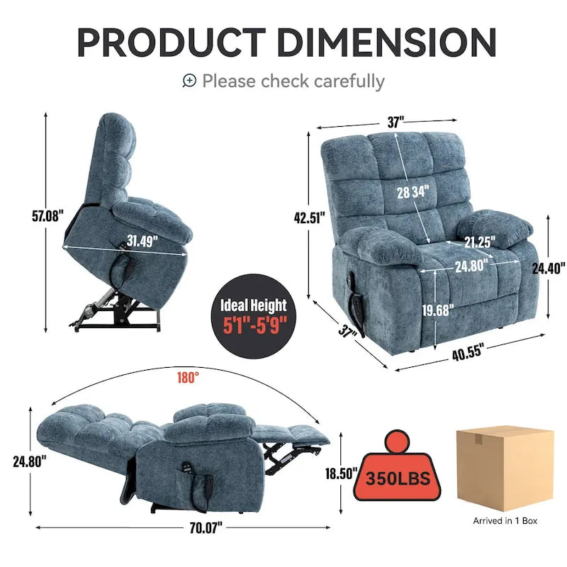 Fauteuil inclinable électrique surdimensionné en chenille avec massage et chauffage lombaire, port de charge, position allongée à 180°