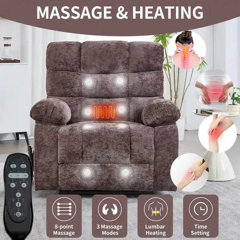 Fauteuil inclinable électrique surdimensionné en chenille avec massage et chauffage lombaire, port de charge, position allongée à 180°