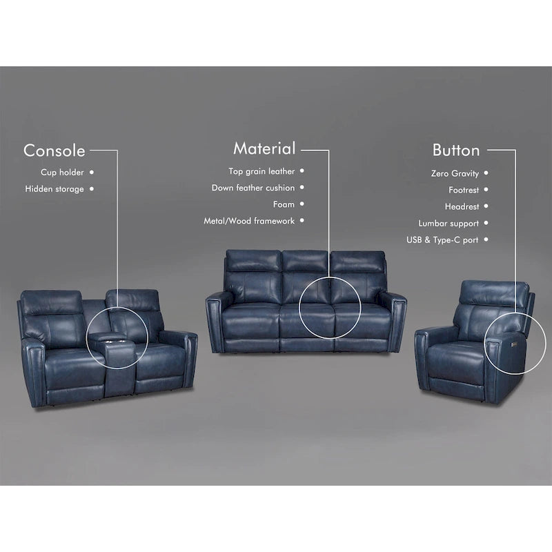 Ensemble de canapé inclinable électrique 3 pièces en cuir véritable avec appuie-tête électrique et port USB et USB-C, zéro gravité