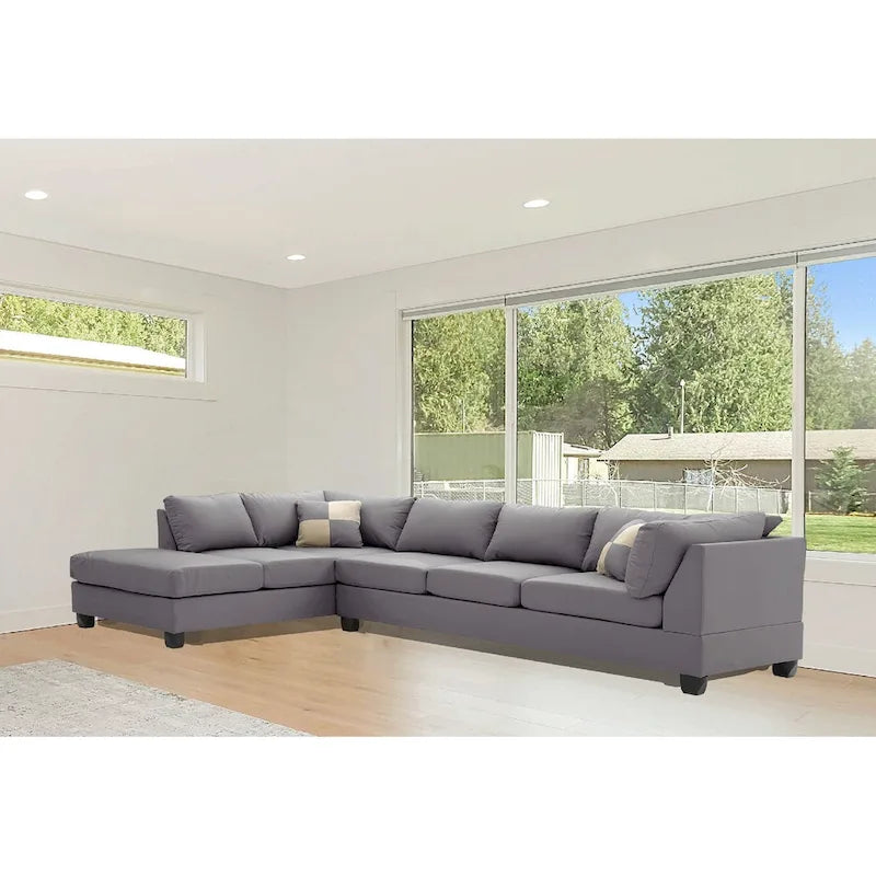 Canapé sectionnel réversible 4 places en similicuir avec coussins décoratifs - 111 - Gris