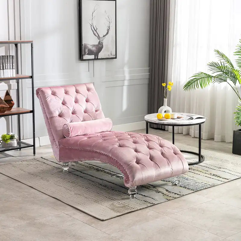 Chaise longue capitonnée en velours, fauteuil inclinable ergonomique en forme de S avec oreiller, clous décoratifs et pieds en acrylique pour utilisation intérieure