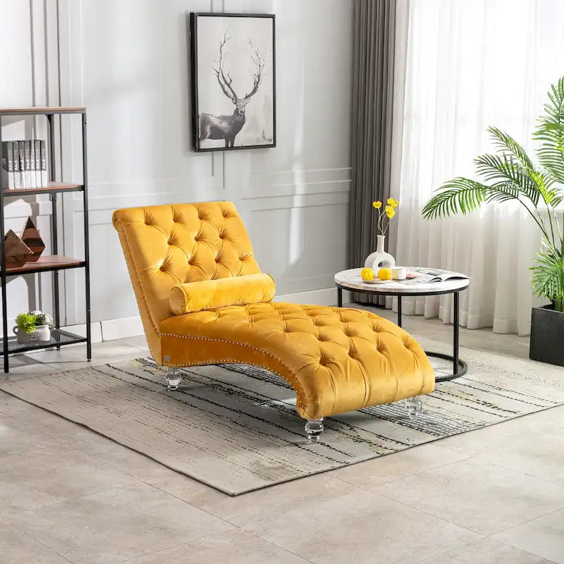 Chaise longue capitonnée en velours, fauteuil inclinable ergonomique en forme de S avec oreiller, clous décoratifs et pieds en acrylique pour utilisation intérieure