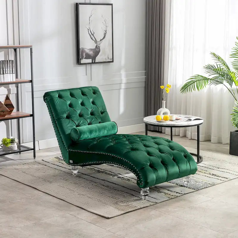 Chaise longue capitonnée en velours, fauteuil inclinable ergonomique en forme de S avec oreiller, clous décoratifs et pieds en acrylique pour utilisation intérieure