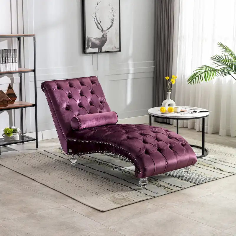 Chaise longue capitonnée en velours, fauteuil inclinable ergonomique en forme de S avec oreiller, clous décoratifs et pieds en acrylique pour utilisation intérieure