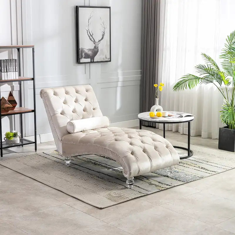 Chaise longue capitonnée en velours, fauteuil inclinable ergonomique en forme de S avec oreiller, clous décoratifs et pieds en acrylique pour utilisation intérieure
