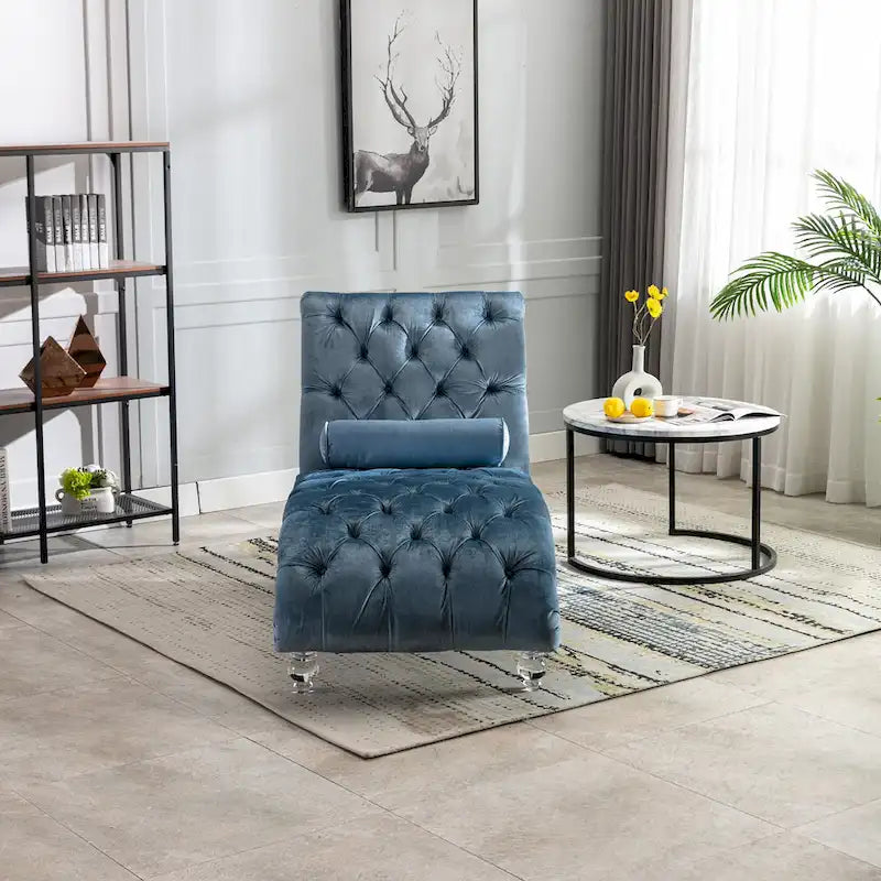 Chaise longue capitonnée en velours, fauteuil inclinable ergonomique en forme de S avec oreiller, clous décoratifs et pieds en acrylique pour utilisation intérieure