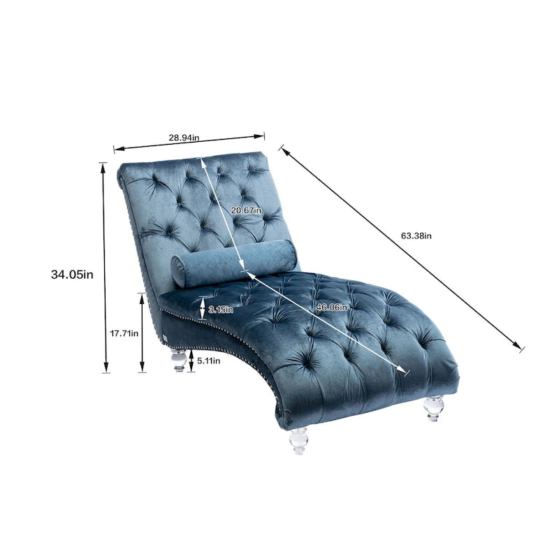 Chaise longue capitonnée en velours, fauteuil inclinable ergonomique en forme de S avec oreiller, clous décoratifs et pieds en acrylique pour utilisation intérieure