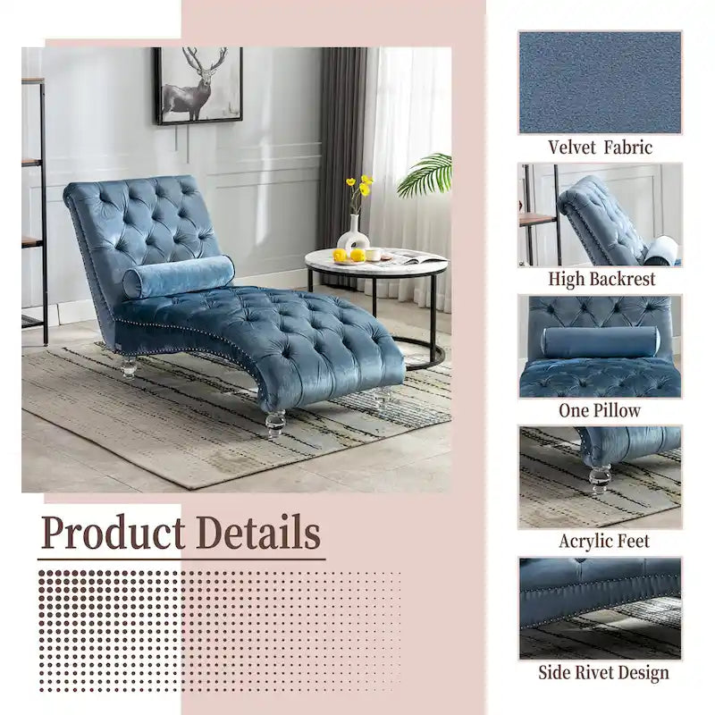 Chaise longue capitonnée en velours, fauteuil inclinable ergonomique en forme de S avec oreiller, clous décoratifs et pieds en acrylique pour utilisation intérieure