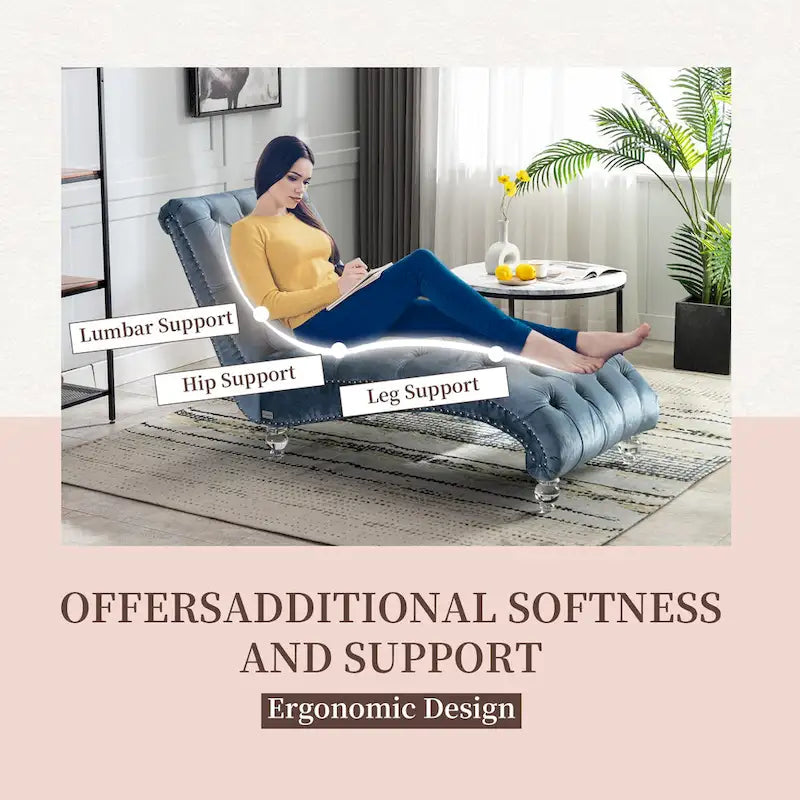 Chaise longue capitonnée en velours, fauteuil inclinable ergonomique en forme de S avec oreiller, clous décoratifs et pieds en acrylique pour utilisation intérieure