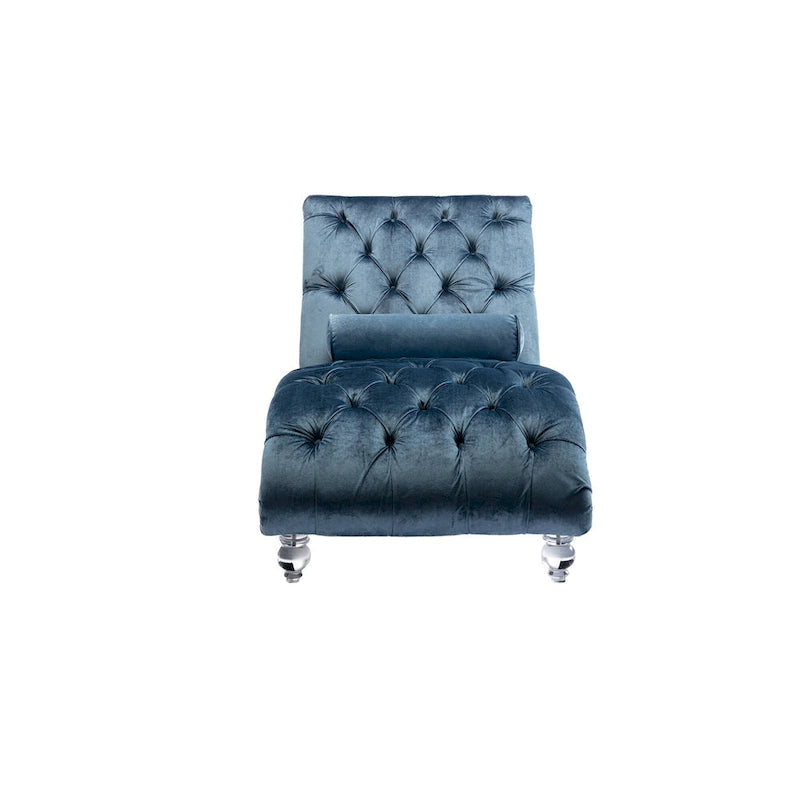 Chaise longue capitonnée en velours, fauteuil inclinable ergonomique en forme de S avec oreiller, clous décoratifs et pieds en acrylique pour utilisation intérieure