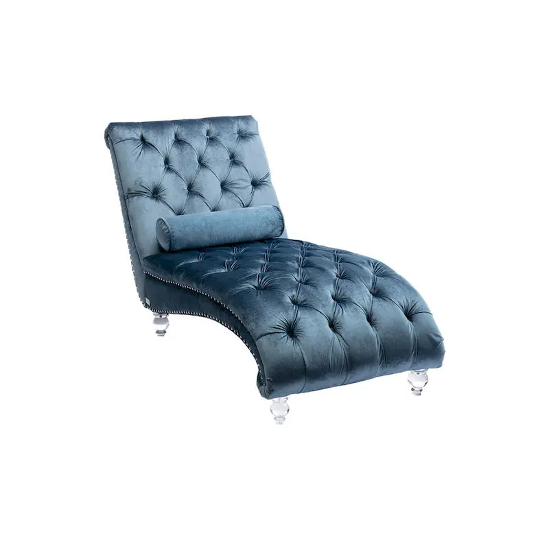 Chaise longue capitonnée en velours, fauteuil inclinable ergonomique en forme de S avec oreiller, clous décoratifs et pieds en acrylique pour utilisation intérieure