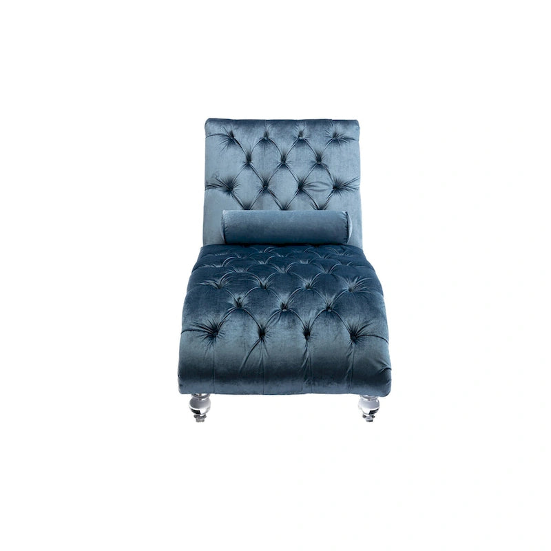 Chaise longue capitonnée en velours, fauteuil inclinable ergonomique en forme de S avec oreiller, clous décoratifs et pieds en acrylique pour utilisation intérieure
