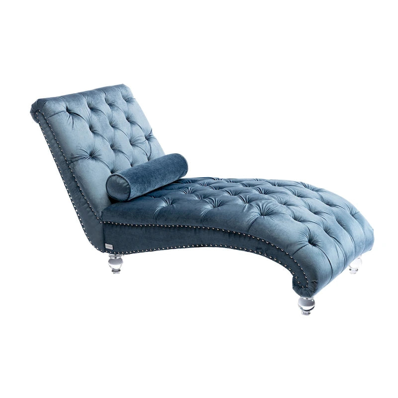 Chaise longue capitonnée en velours, fauteuil inclinable ergonomique en forme de S avec oreiller, clous décoratifs et pieds en acrylique pour utilisation intérieure