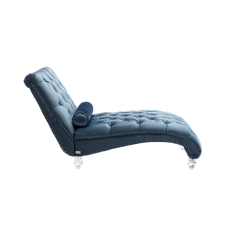 Chaise longue capitonnée en velours, fauteuil inclinable ergonomique en forme de S avec oreiller, clous décoratifs et pieds en acrylique pour utilisation intérieure