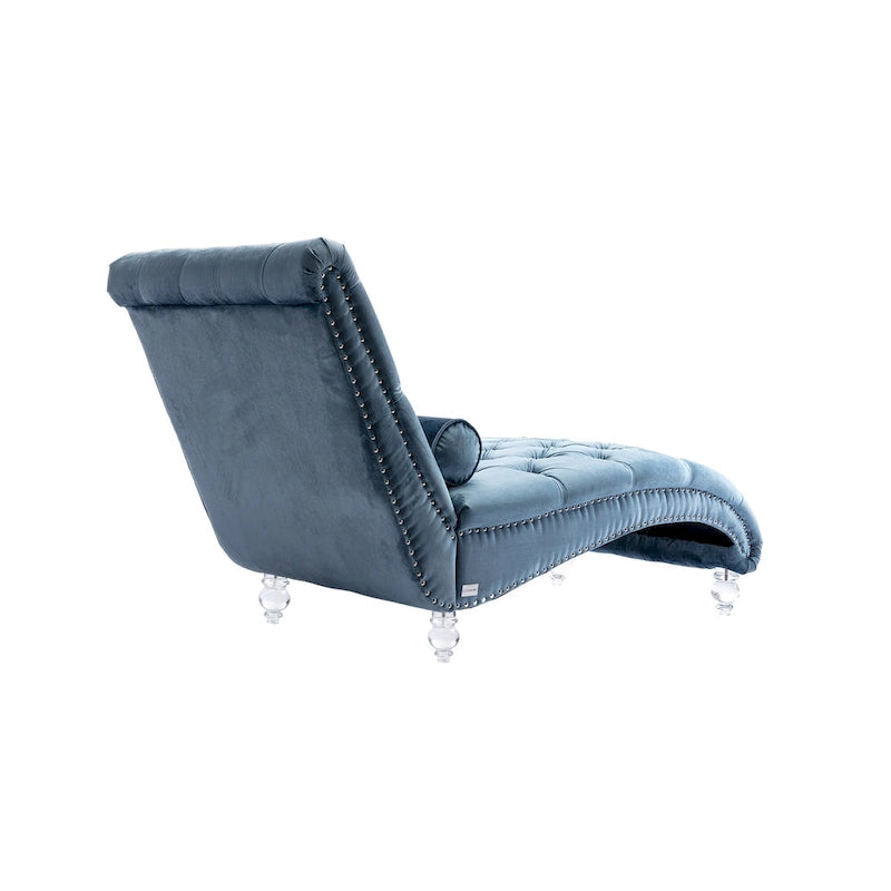 Chaise longue capitonnée en velours, fauteuil inclinable ergonomique en forme de S avec oreiller, clous décoratifs et pieds en acrylique pour utilisation intérieure