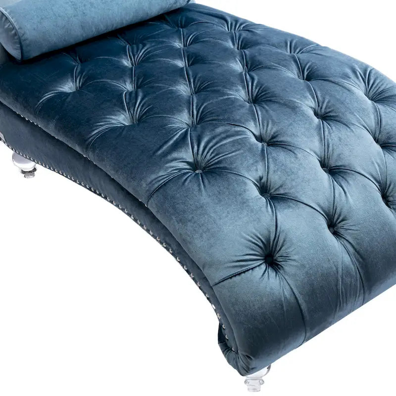 Chaise longue capitonnée en velours, fauteuil inclinable ergonomique en forme de S avec oreiller, clous décoratifs et pieds en acrylique pour utilisation intérieure