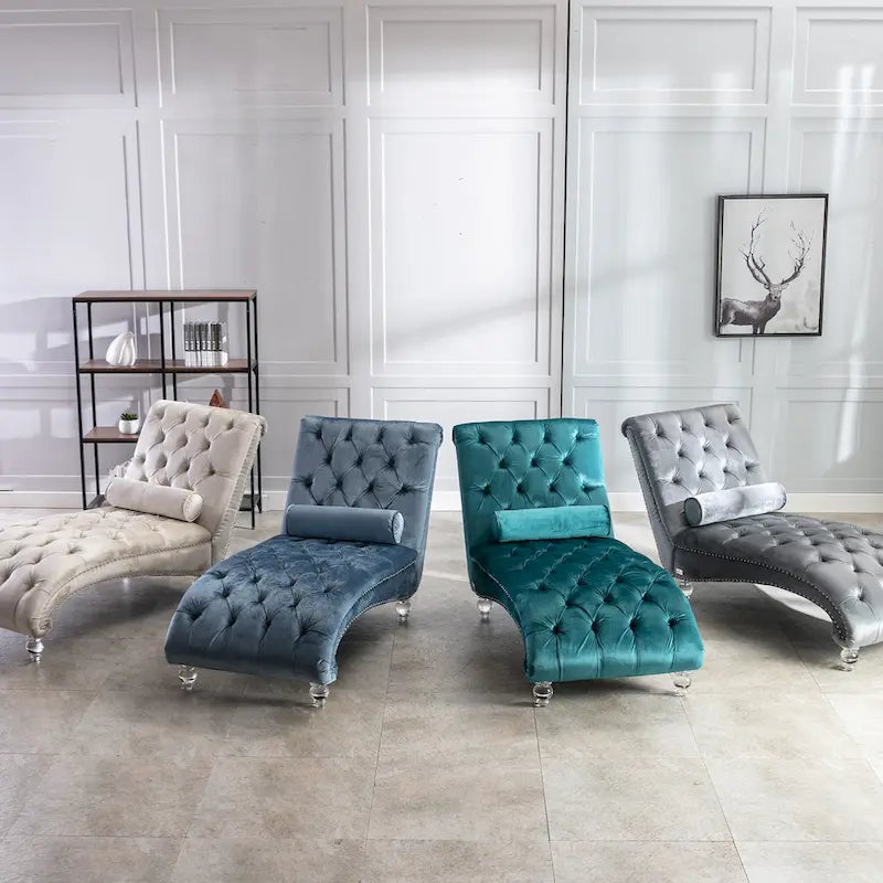 Chaise longue capitonnée en velours, fauteuil inclinable ergonomique en forme de S avec oreiller, clous décoratifs et pieds en acrylique pour utilisation intérieure