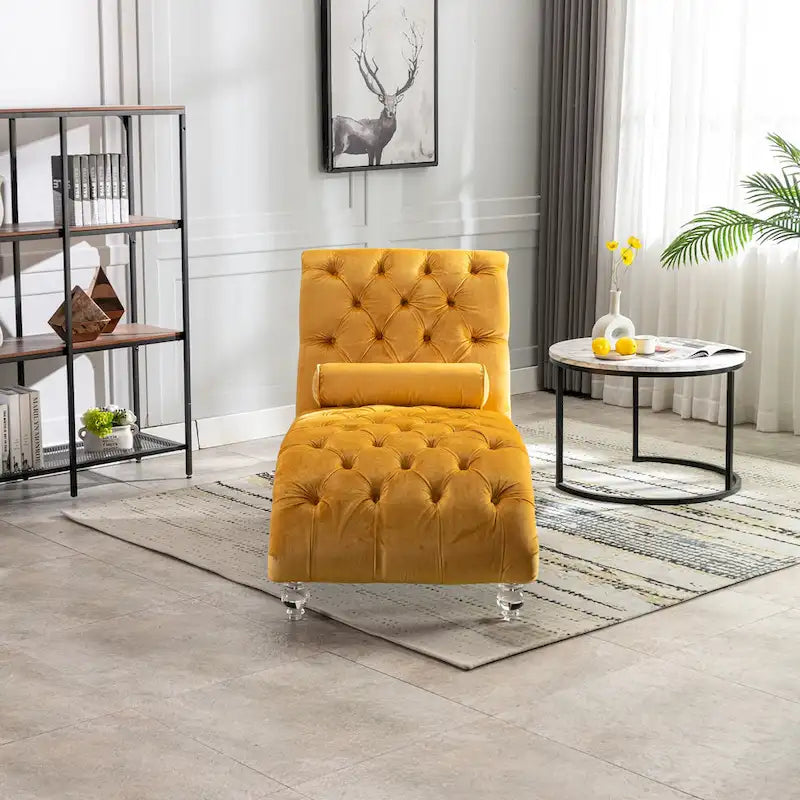 Chaise longue capitonnée en velours, fauteuil inclinable ergonomique en forme de S avec oreiller, clous décoratifs et pieds en acrylique pour utilisation intérieure