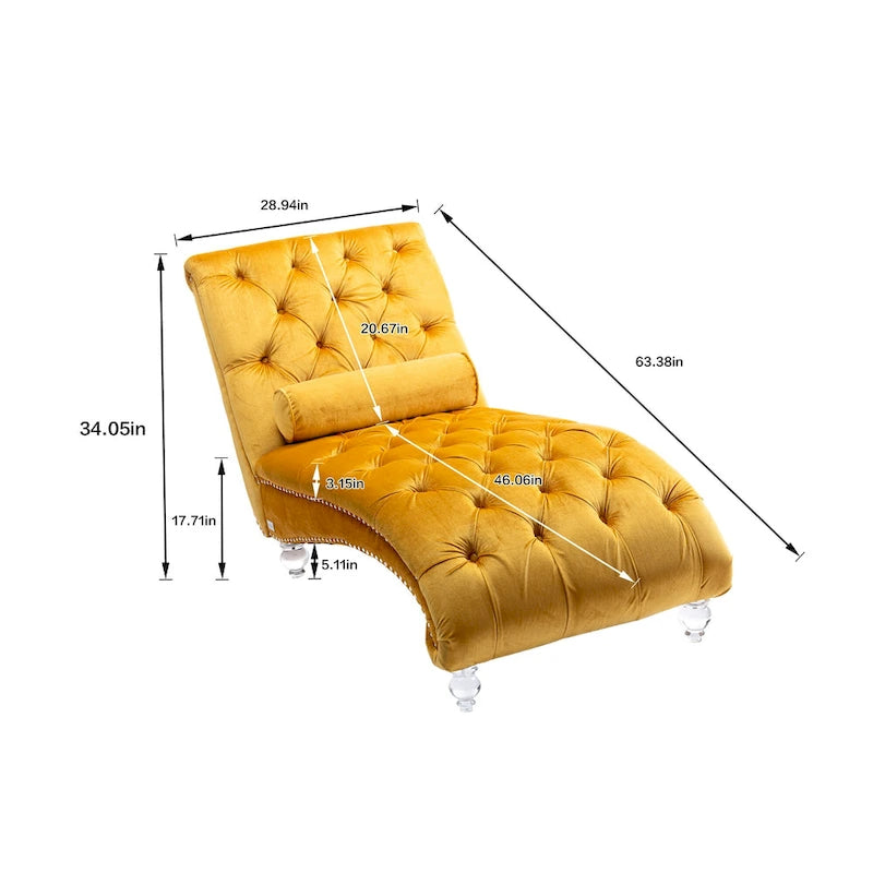 Chaise longue capitonnée en velours, fauteuil inclinable ergonomique en forme de S avec oreiller, clous décoratifs et pieds en acrylique pour utilisation intérieure