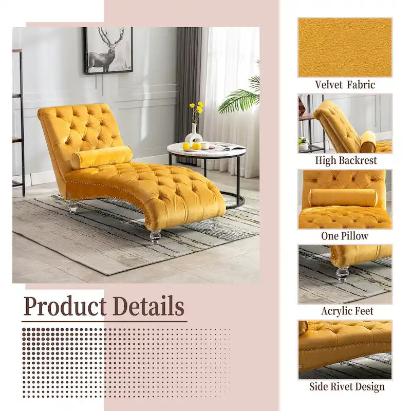 Chaise longue capitonnée en velours, fauteuil inclinable ergonomique en forme de S avec oreiller, clous décoratifs et pieds en acrylique pour utilisation intérieure