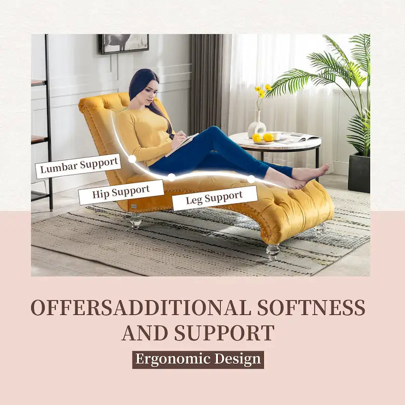 Chaise longue capitonnée en velours, fauteuil inclinable ergonomique en forme de S avec oreiller, clous décoratifs et pieds en acrylique pour utilisation intérieure