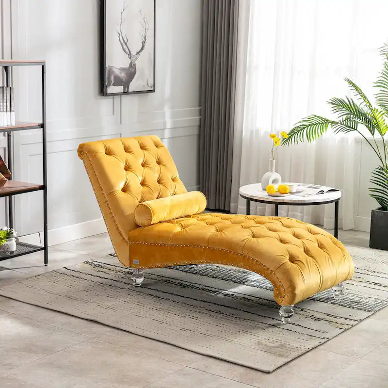 Chaise longue capitonnée en velours, fauteuil inclinable ergonomique en forme de S avec oreiller, clous décoratifs et pieds en acrylique pour utilisation intérieure
