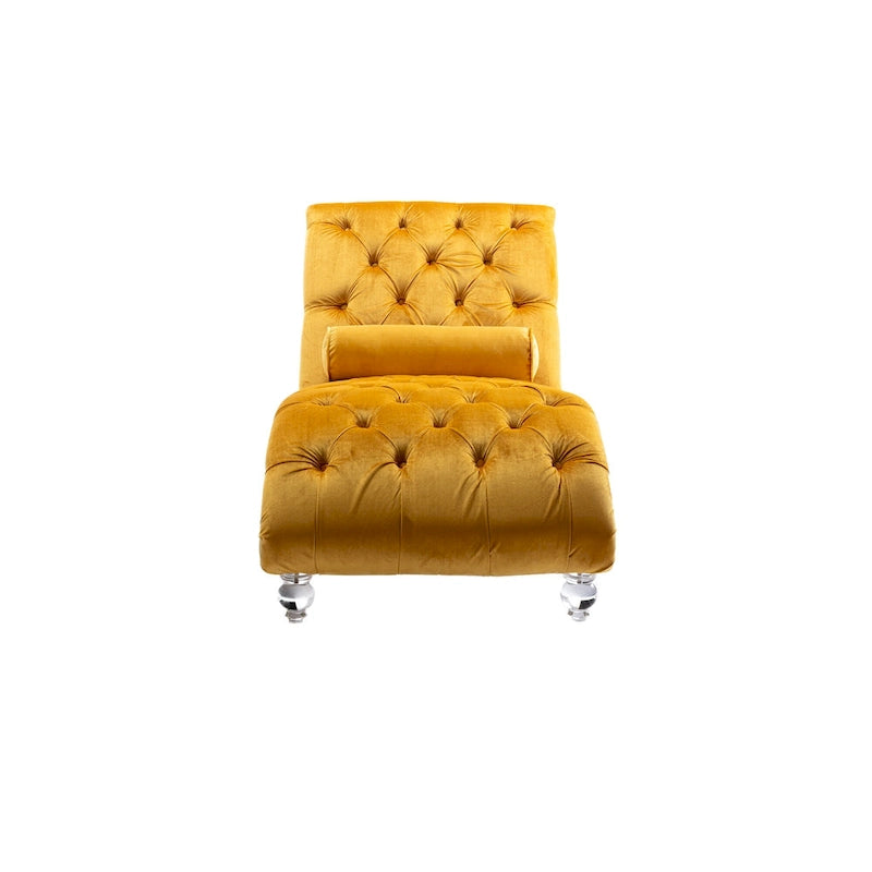 Chaise longue capitonnée en velours, fauteuil inclinable ergonomique en forme de S avec oreiller, clous décoratifs et pieds en acrylique pour utilisation intérieure