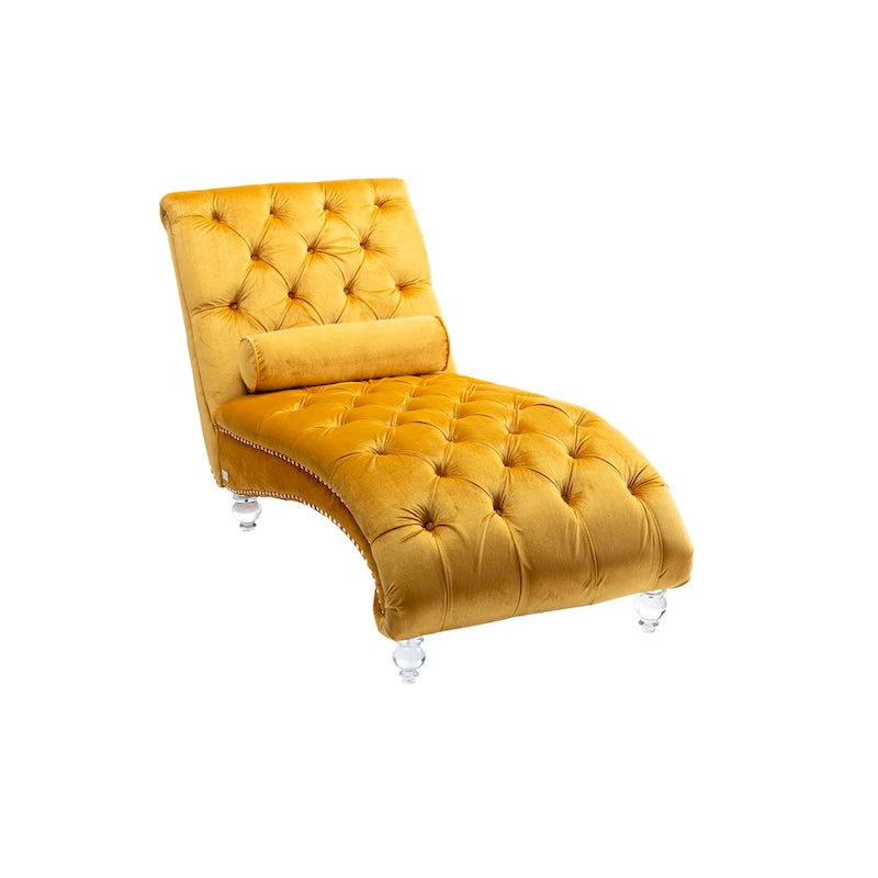 Chaise longue capitonnée en velours, fauteuil inclinable ergonomique en forme de S avec oreiller, clous décoratifs et pieds en acrylique pour utilisation intérieure