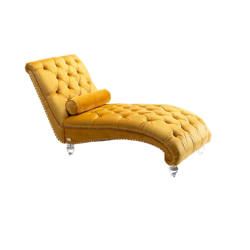 Chaise longue capitonnée en velours, fauteuil inclinable ergonomique en forme de S avec oreiller, clous décoratifs et pieds en acrylique pour utilisation intérieure