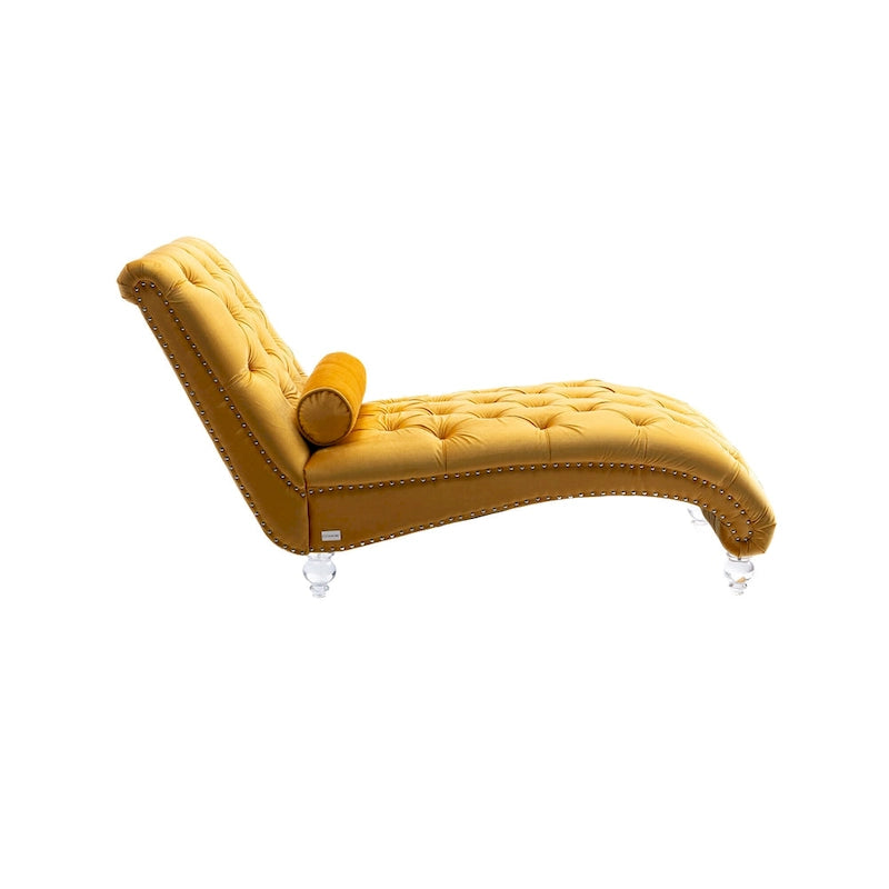 Chaise longue capitonnée en velours, fauteuil inclinable ergonomique en forme de S avec oreiller, clous décoratifs et pieds en acrylique pour utilisation intérieure