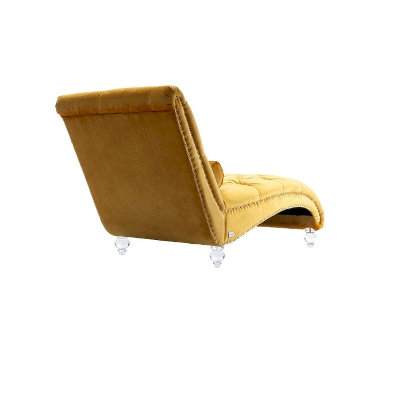 Chaise longue capitonnée en velours, fauteuil inclinable ergonomique en forme de S avec oreiller, clous décoratifs et pieds en acrylique pour utilisation intérieure